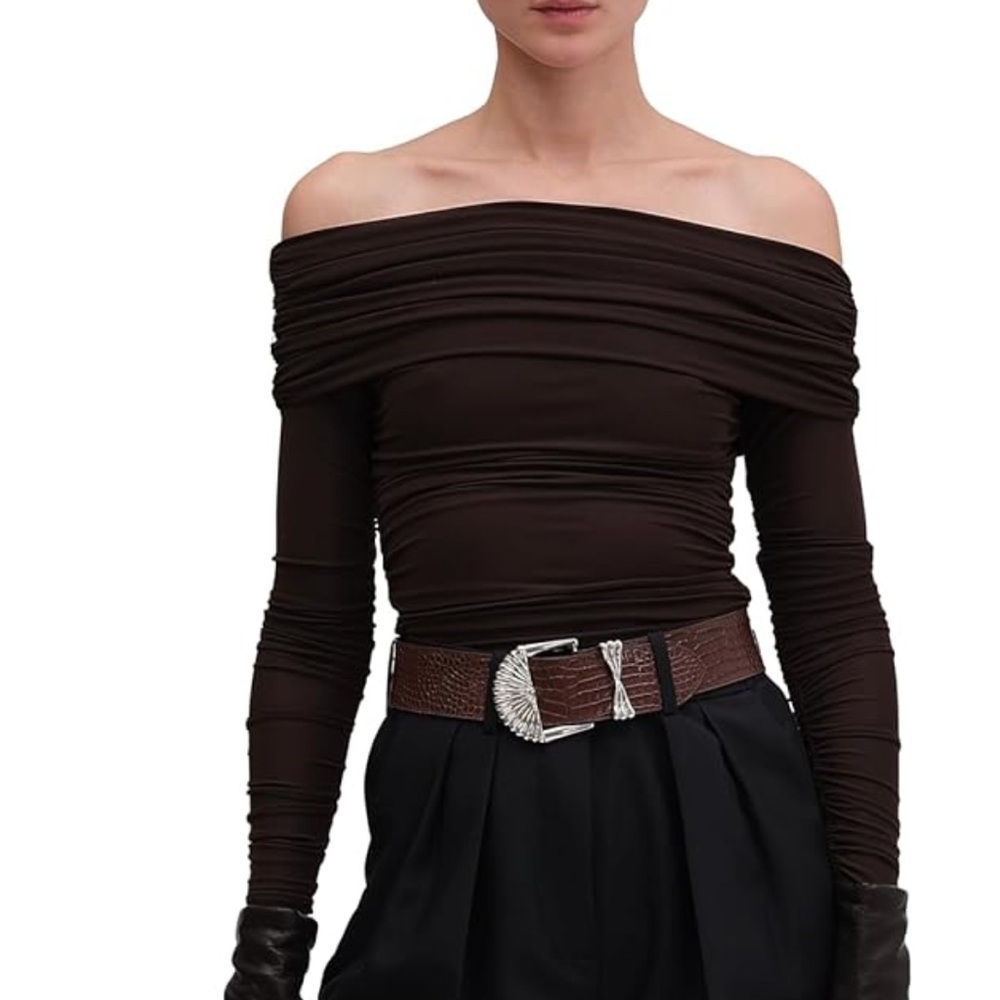 NWOT Harley Chocolate Brown Off-Shoulder Long Sleeve Top